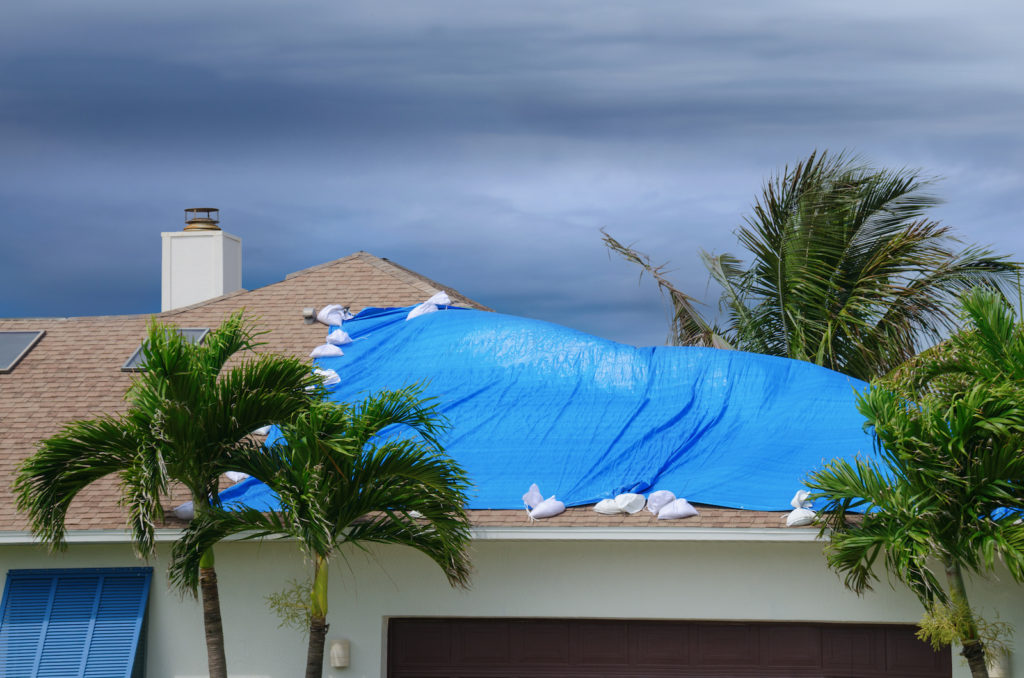 Tarp on damaged roof