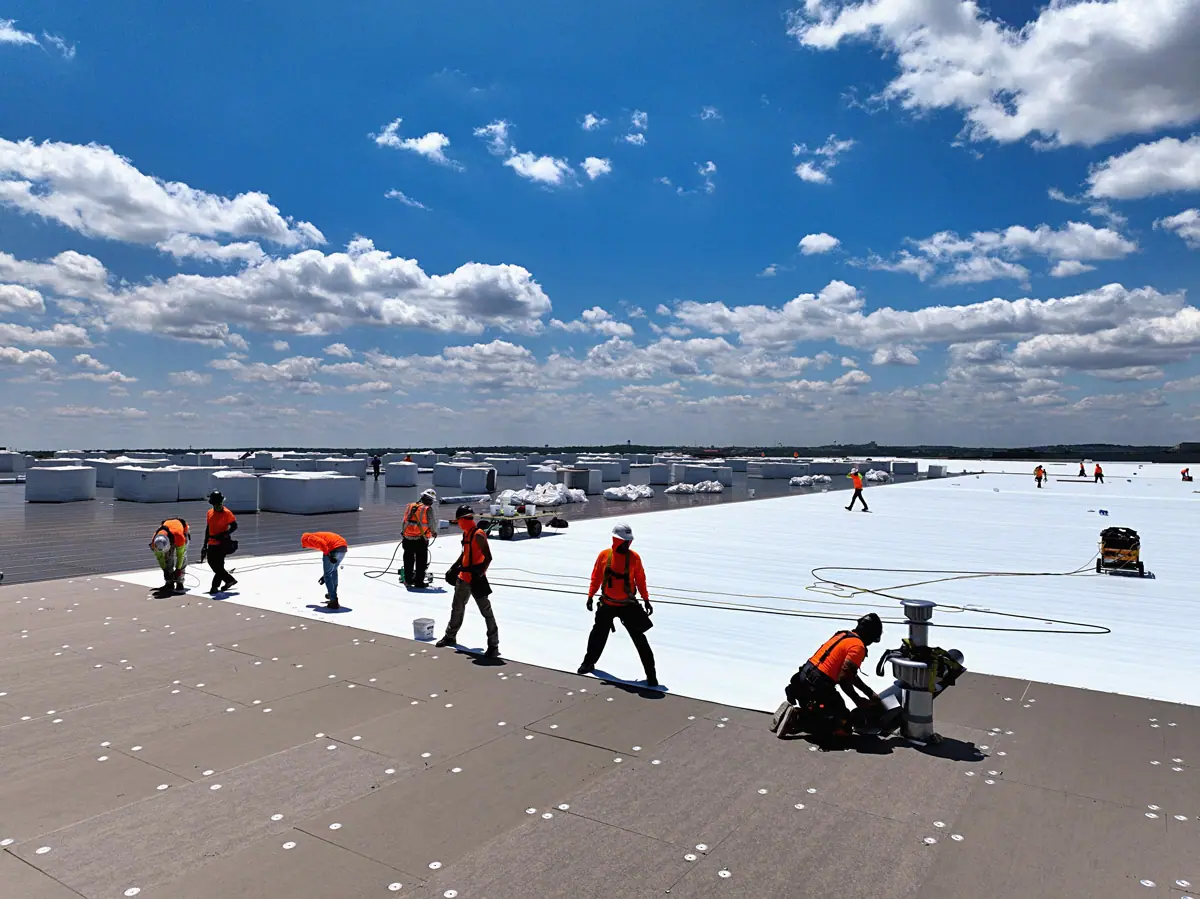 Crew installing a white TPO roof on a large warehouse – TPO roofs project gallery